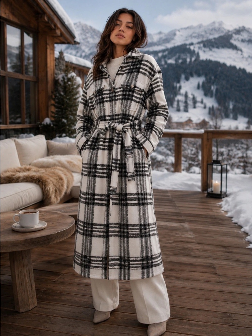 Womens Express coat Black & White Plaid Belted Long Coat size Small